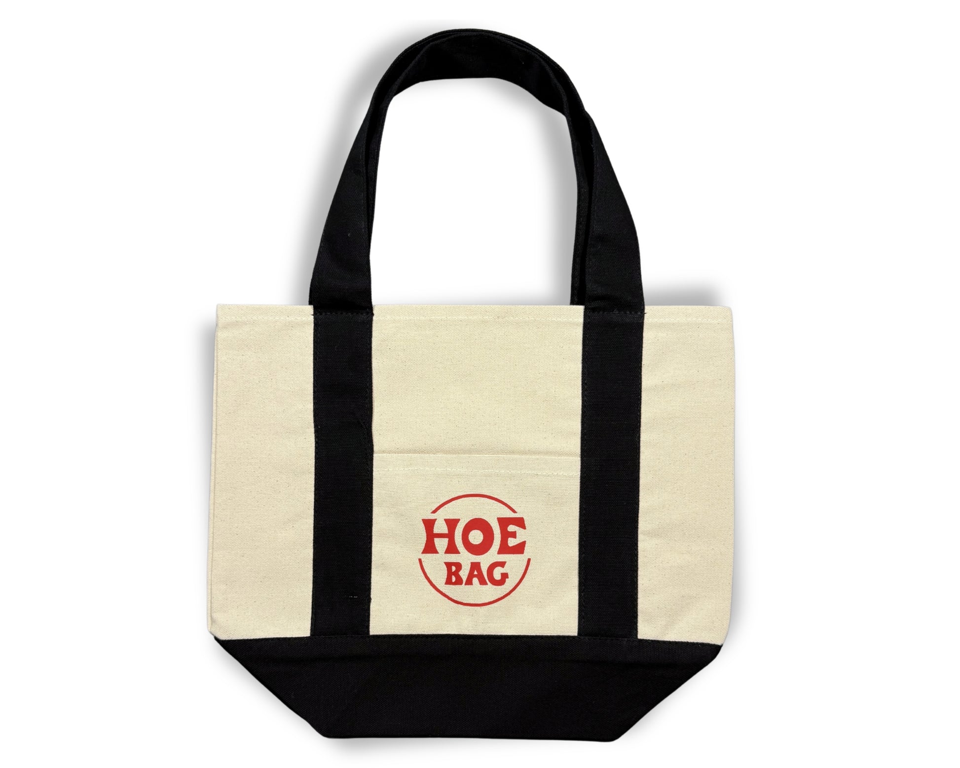 Tote bag with 'HOE BAG' text in red on a cream canvas background