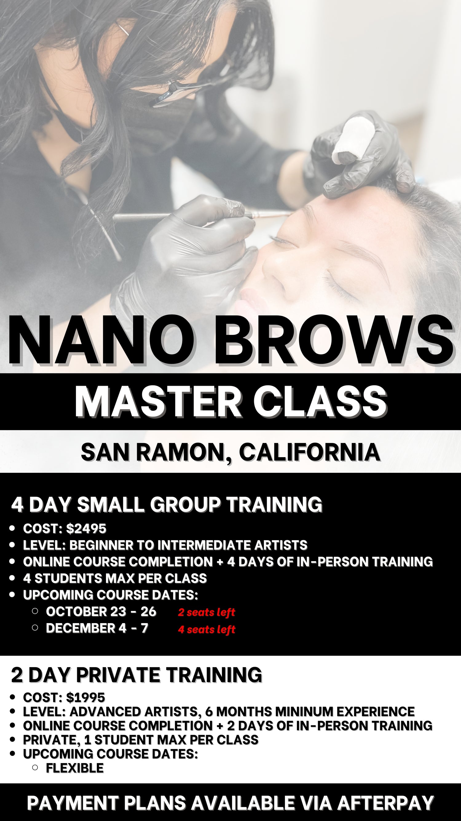 Nano Brows Machine Hairstrokes Master Class. Beginner training for students with zero experience. Intermediate training for artists with some experience. Advanced training for artists with machine experience. 4 days of in-person nano brows training for beginner to intermediate level artists. 2 days of in-person nano brows training for advanced artists. Nano Brows training in the Bay Area, California. Nano Brows training in San Ramon, California. 