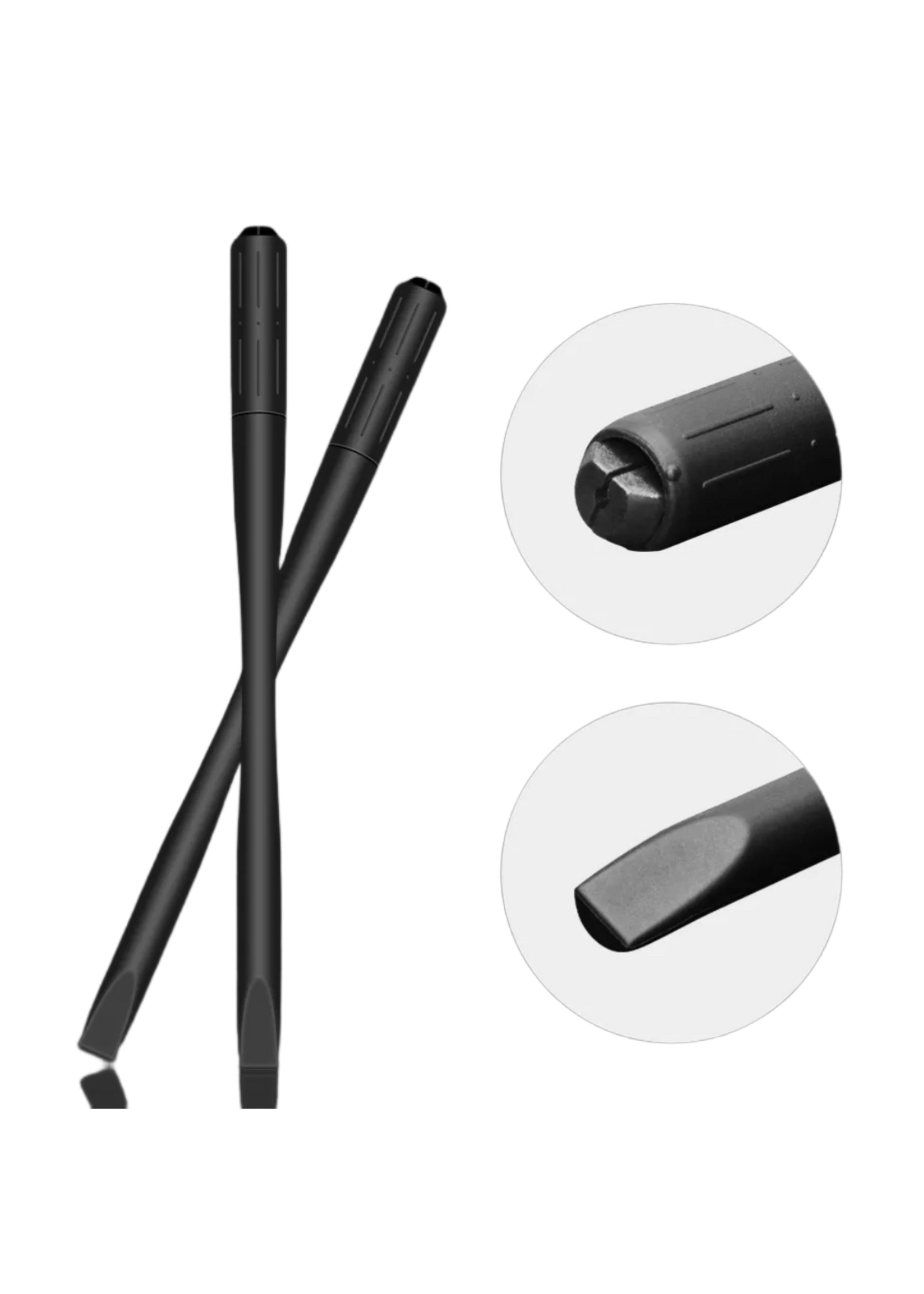 closeup of microblading handle showing eccentric blade positioning and pigment pusher